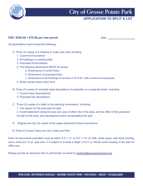 First page of the Application to Split a Lot