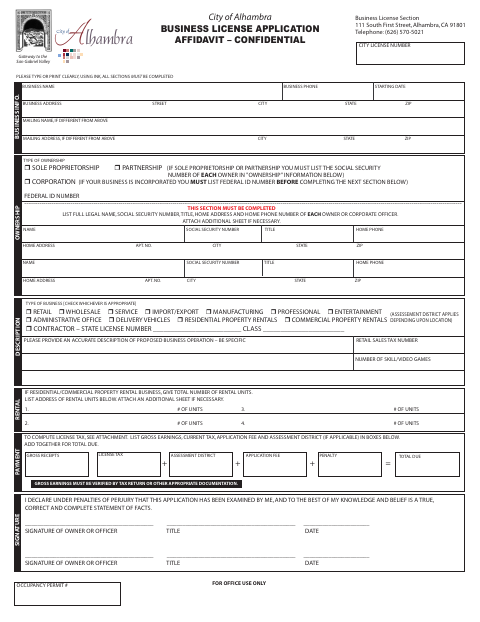 First page of the Business License Application Affidavit – Confidential