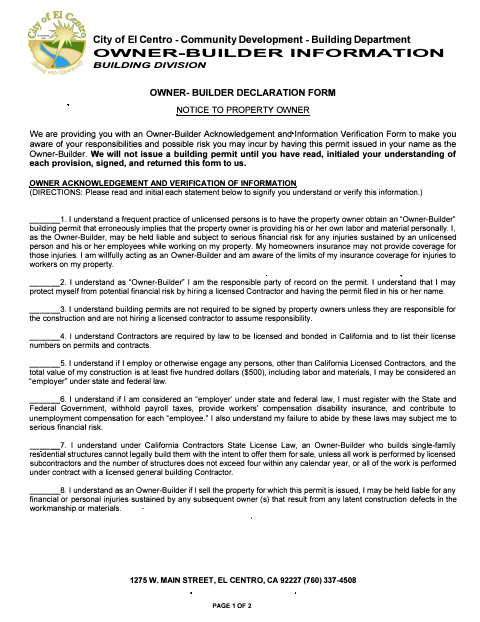 First page of the Owner-Builder Declaration Form