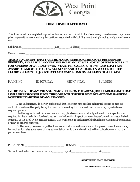 First page of the Homeowner Affidavit