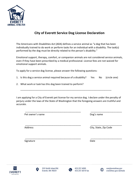 First page of the Service Dog License Declaration