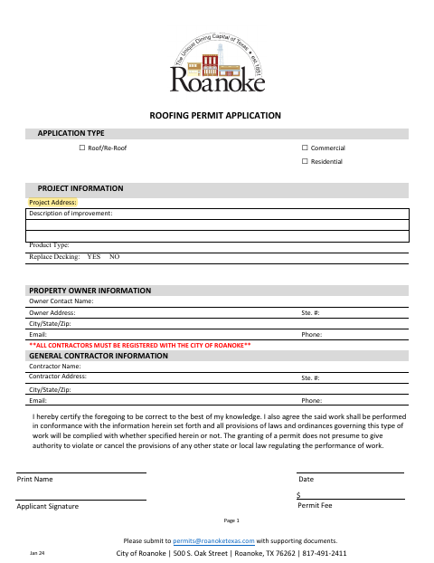First page of the Roofing Permit Application