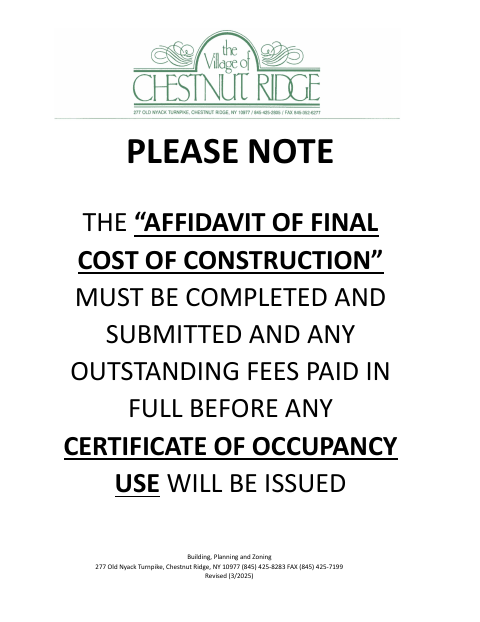 First page of the Affidavit of Final Cost of Construction