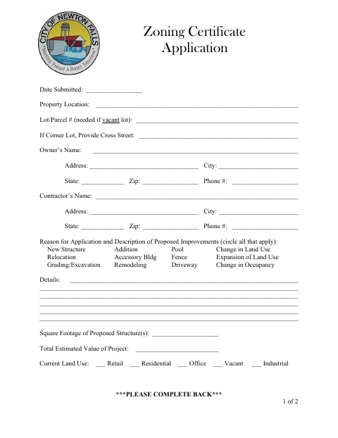 First page of the Zoning Certificate Application