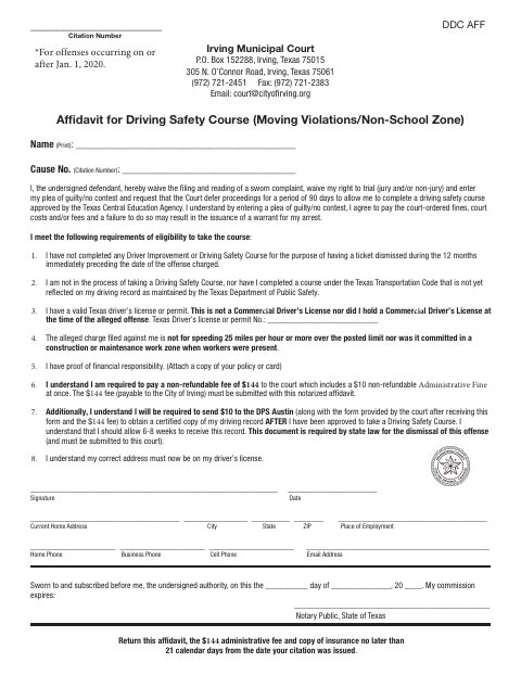 First page of the Driving Safety Course Affidavit
