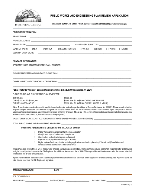 First page of the Public Works and Engineering Plan Review Application