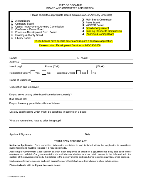 First page of the Board and Committee Application