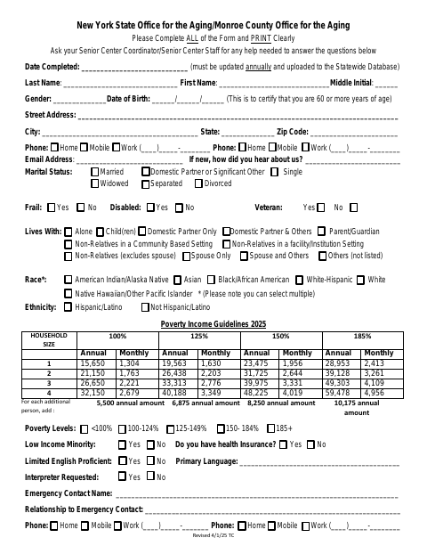 First page of the Senior Center Registration Form