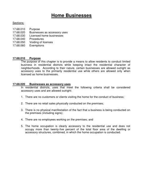 First page of the Home Business License Application