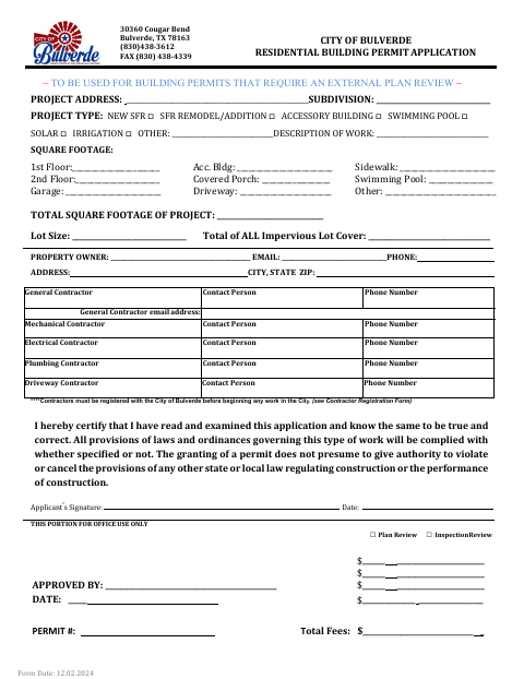 First page of the Residential Building Permit Application
