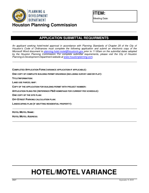 First page of the Hotel/Motel Variance Application