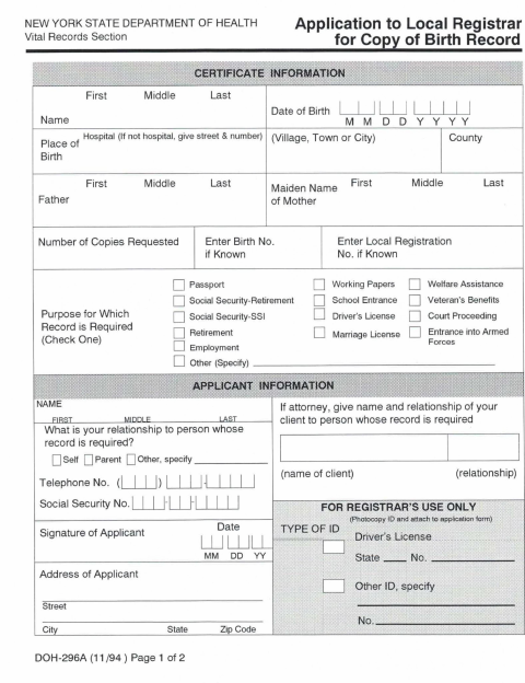 First page of the Application for Copy of Birth Record