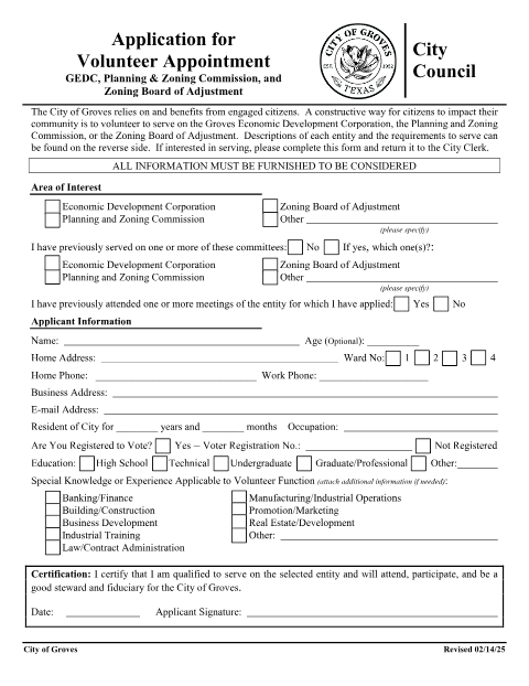 First page of the Application for Boards and Committees