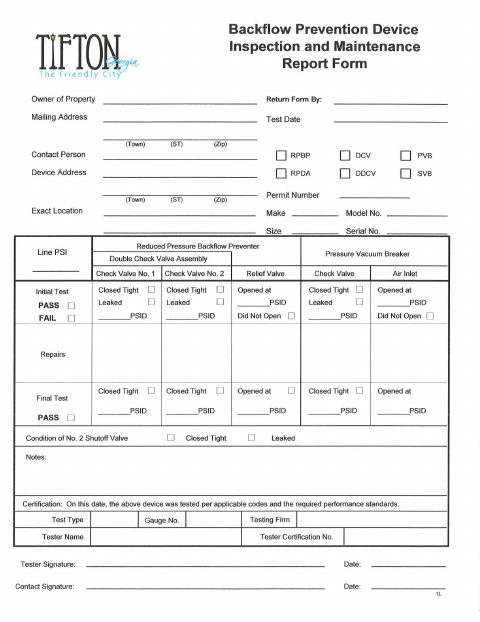First page of the Backflow Inspection Report Form