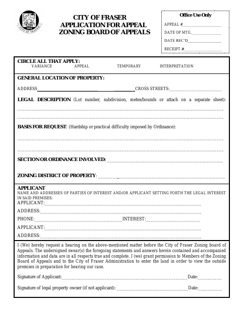 First page of the Application for Appeal – Zoning Board of Appeals