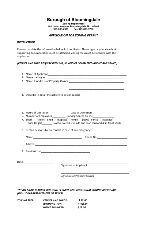 First page of the Application for Zoning Permit