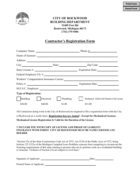 First page of the Contractor’s Registration Form