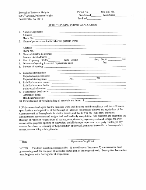 First page of the Street Opening Permit Application