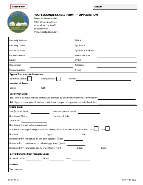 First page of the Professional Stable Permit Application
