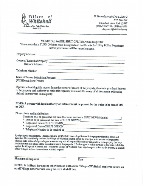 First page of the Municipal Water Shut Off/Turn On Request