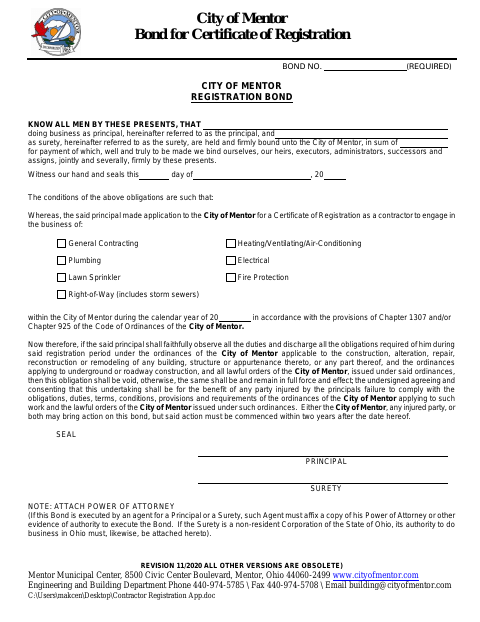 First page of the Registration Bond