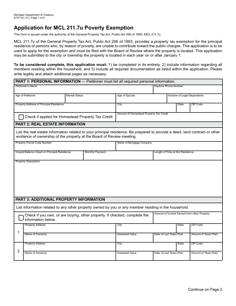 First page of the Application for MCL 211.7u Poverty Exemption