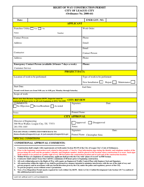 First page of the Right of Way Construction Permit