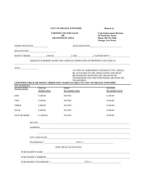 First page of the Certificate for Sales or Transfer of Title