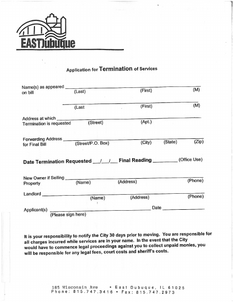 First page of the Application for Termination of Service