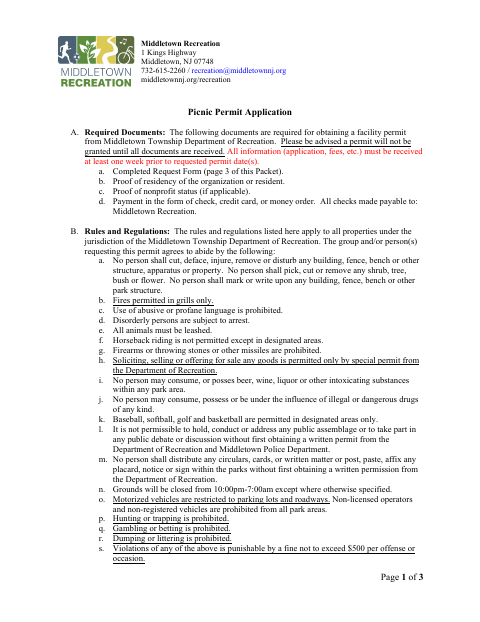 First page of the Picnic Permit Application