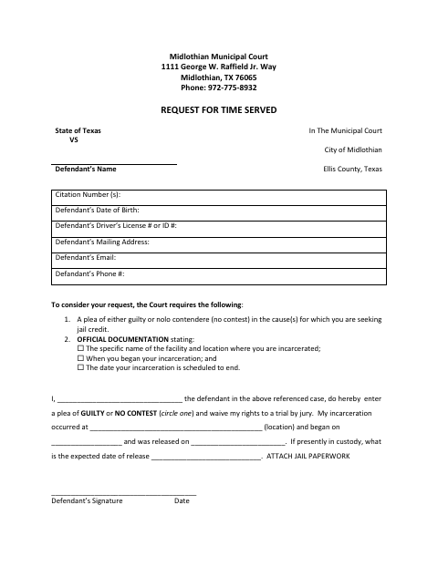 First page of the Request for Time Served