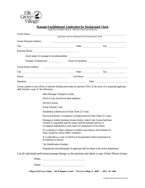 First page of the Massage Establishment Background Check Form
