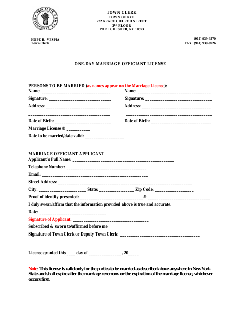 First page of the One-Day Marriage Officiant License