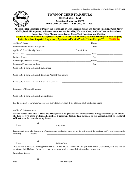 First page of the Application for Licensing of Dealers in Secondhand or Used Precious Metals and Jewelry