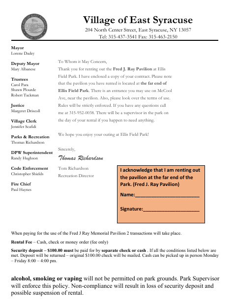 First page of the 2026 Application for Rental of Fred J. Ray Memorial Pavilion at Ellis Field Park