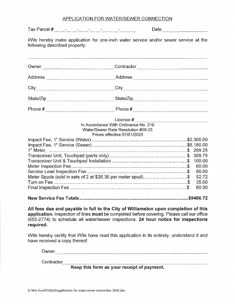 First page of the Water/Sewer Connection Application