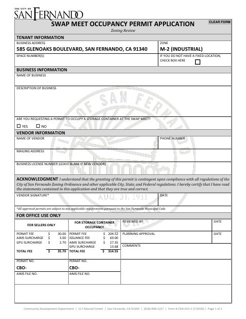 First page of the Swap Meet Occupancy Permit Application