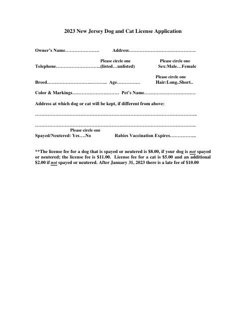 First page of the 2023 New Jersey Dog and Cat License Application