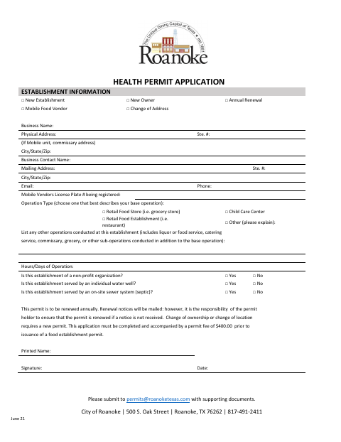 First page of the Health Permit Application