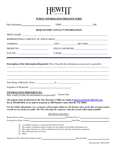 First page of the Public Information Request Form
