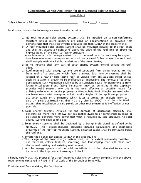 First page of the Supplemental Zoning Application for Roof Mounted Solar Energy Systems