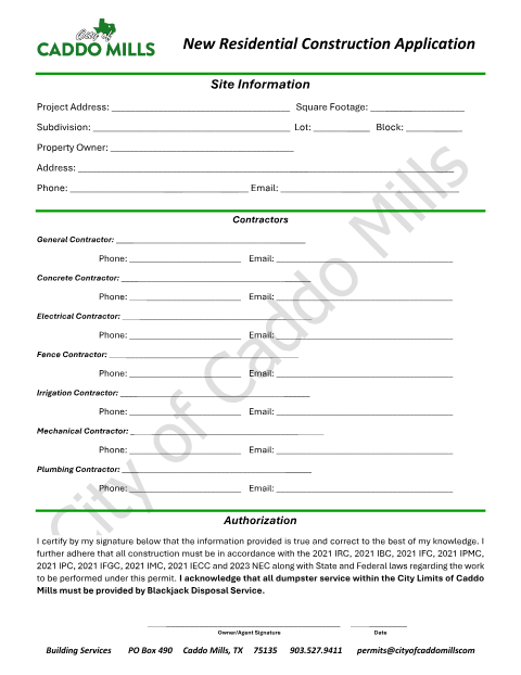 First page of the New Residential Construction Application