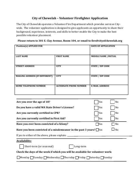 First page of the Volunteer Firefighter Application
