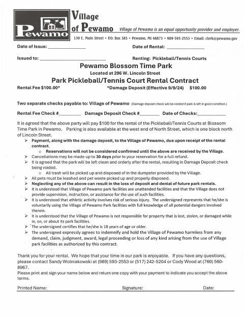 First page of the Park Rental Contract