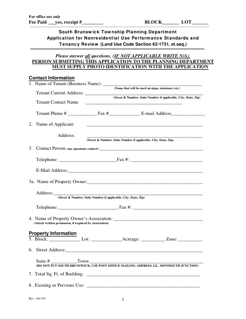 First page of the Application for Nonresidential Use Performance Standards and Tenancy Review