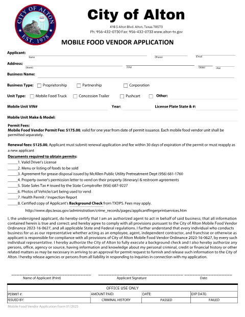First page of the Mobile Food Vendor Application
