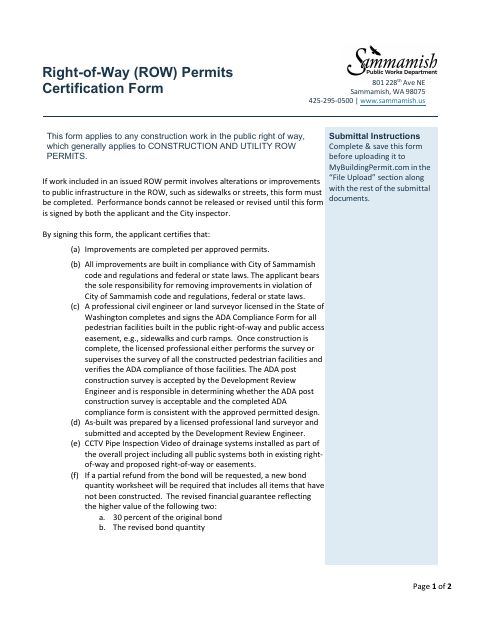 First page of the Right-of-Way Permit Certification Form