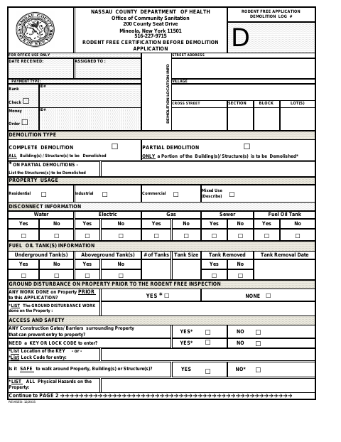 First page of the Rodent Free Certification Before Demolition Application