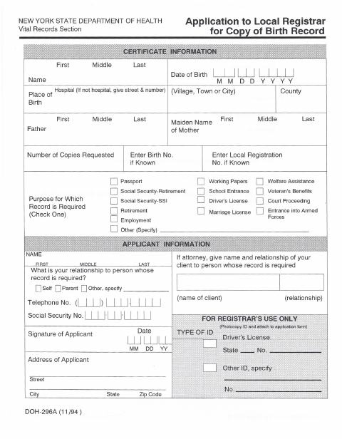 First page of the Application to Local Registrar for Copy of Birth Record