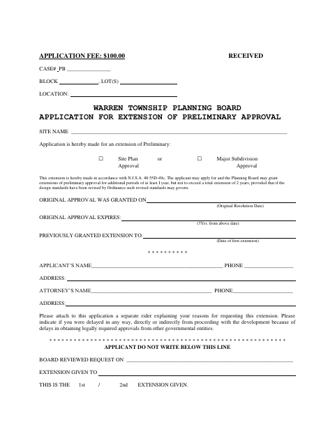 First page of the Application for Extension of Preliminary Approval